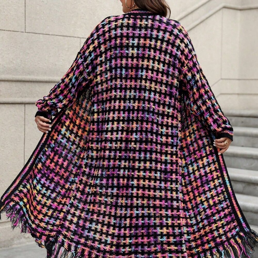 Multicolor Casual Women's Plus Size Long Plaid Mixed Color Fringed Hem Cardigan - Picture 2 of 7